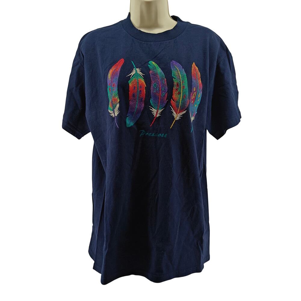 Vintage 97 Tultex Prescott Colorful Feather Crew Neck Tee Cotton Large Travel